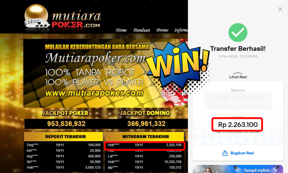 Bukti Withdraw ( 2,263,100,-) Member Setia Mutiarapoker