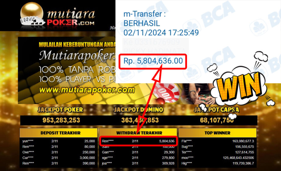 Bukti Withdraw ( 5,804,636,-) Member Setia Mutiarapoker