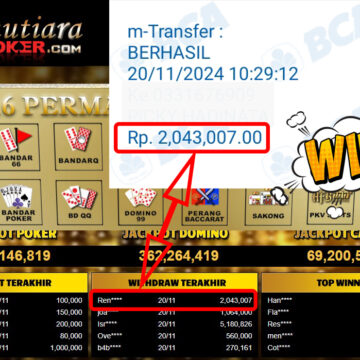 Bukti Withdraw ( 2,043,007,-) Member Setia Mutiarapoker