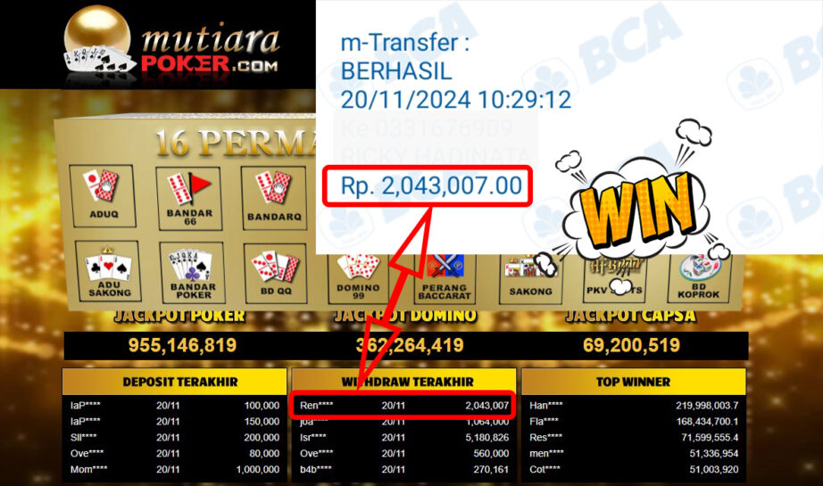 Bukti Withdraw ( 2,043,007,-) Member Setia Mutiarapoker