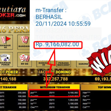 Bukti Withdraw ( 9,166,082,-) Member Setia Mutiarapoker