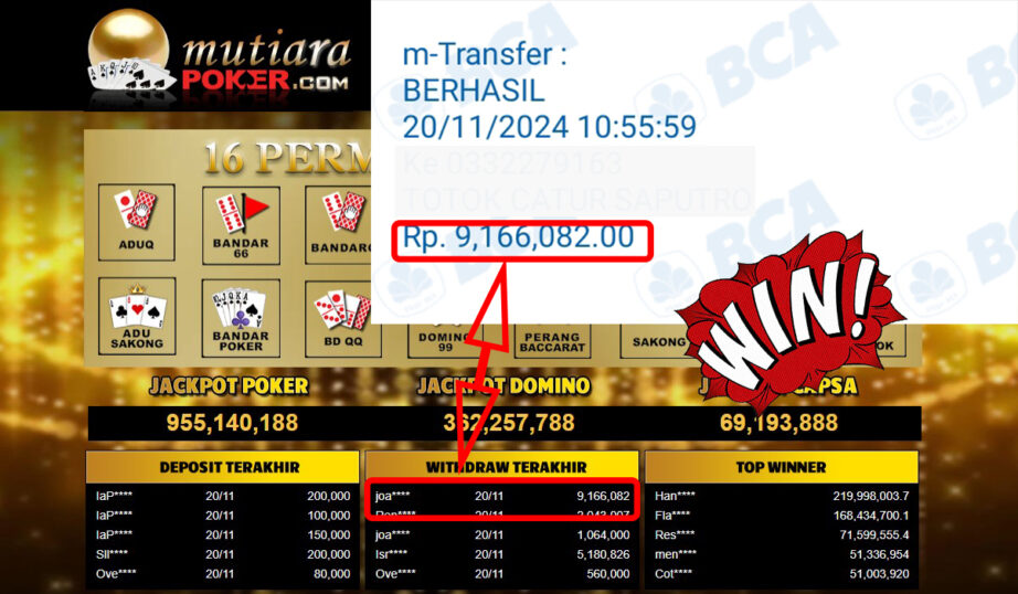 Bukti Withdraw ( 9,166,082,-) Member Setia Mutiarapoker