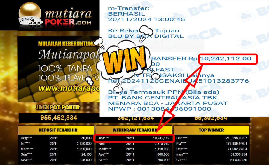 Bukti Withdraw ( 10,242,112,-) Member Setia Mutiarapoker