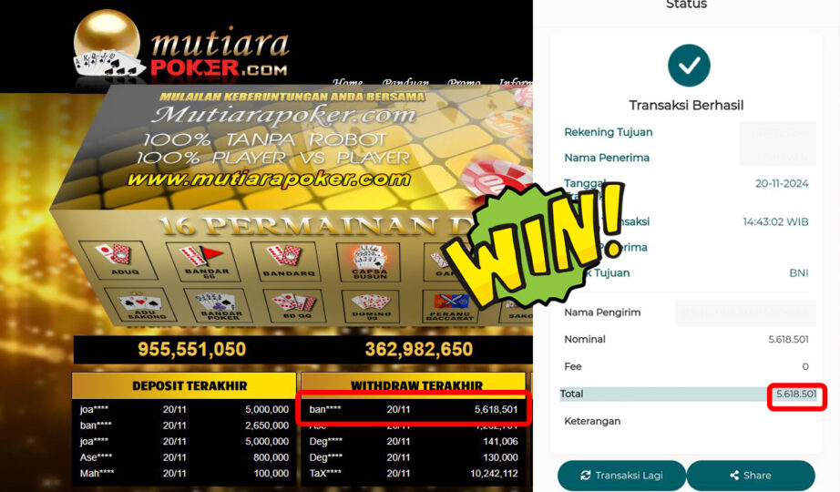 Bukti Withdraw ( 5,618,501,-) Member Setia Mutiarapoker