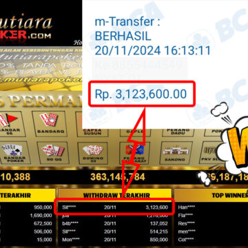 Bukti Withdraw ( 3,123,600,-) Member Setia Mutiarapoker