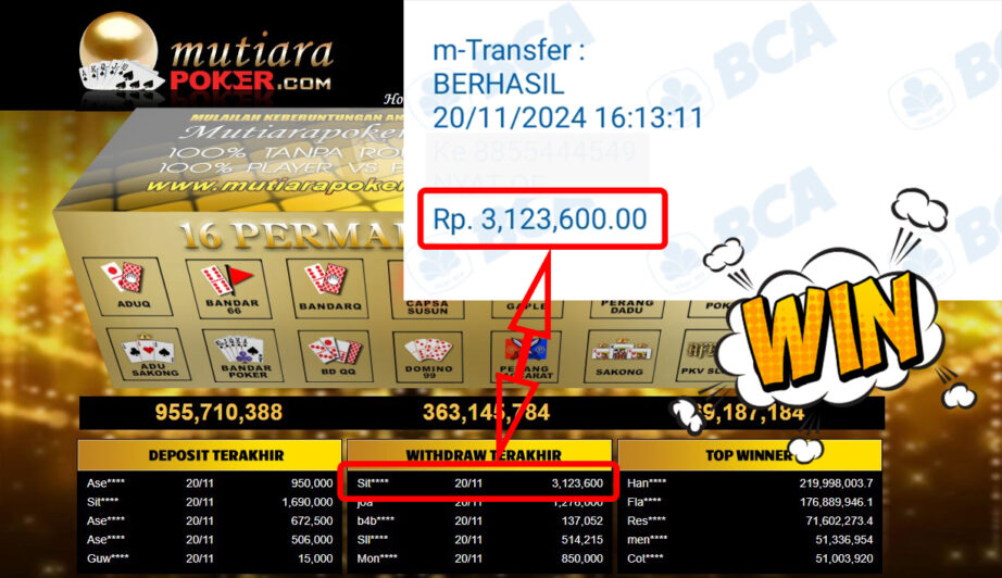 Bukti Withdraw ( 3,123,600,-) Member Setia Mutiarapoker