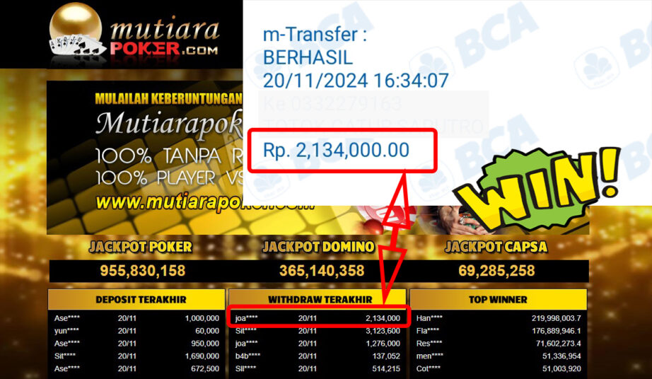 Bukti Withdraw ( 2,134,000,-) Member Setia Mutiarapoker