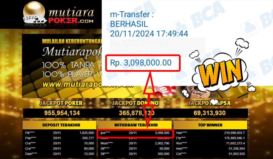 Bukti Withdraw ( 3,098,000,-) Member Setia Mutiarapoker