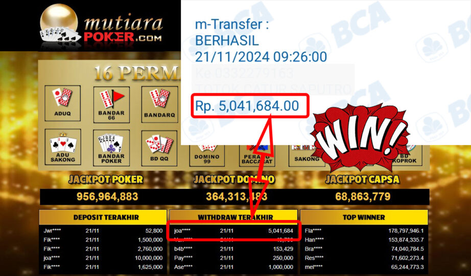 Bukti Withdraw ( 5,041,684,-) Member Setia Mutiarapoker