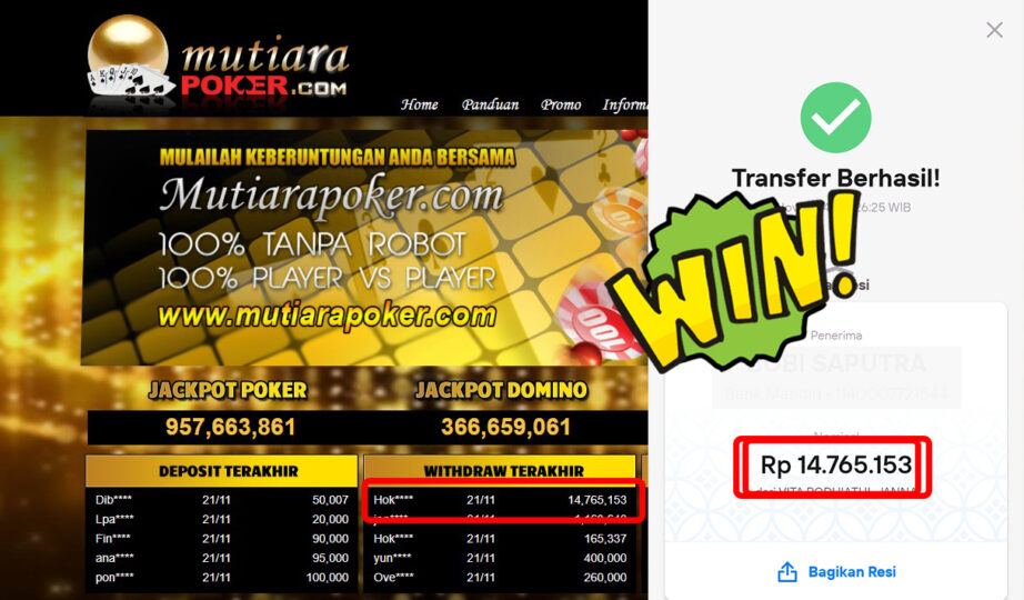 Bukti Withdraw ( 14,765,153,-) Member Setia Mutiarapoker