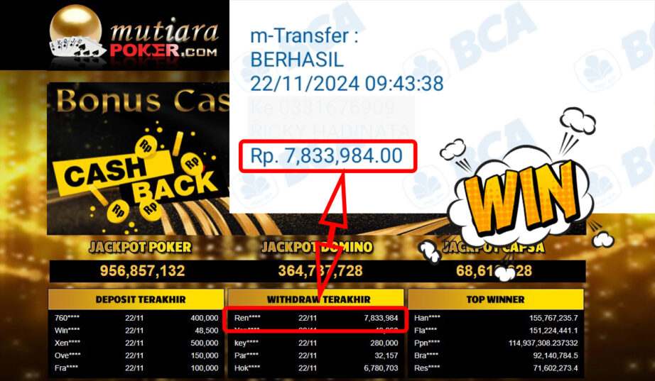 Bukti Withdraw ( 7,833,984,-) Member Setia Mutiarapoker