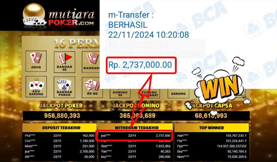 Bukti Withdraw ( 2,737,000,-) Member Setia Mutiarapoker