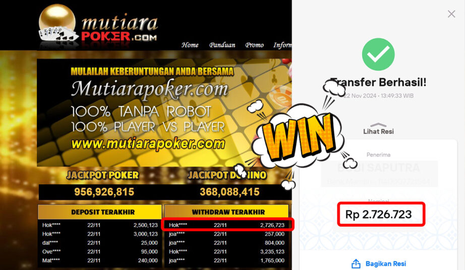 Bukti Withdraw ( 2,726,723,-) Member Setia Mutiarapoker