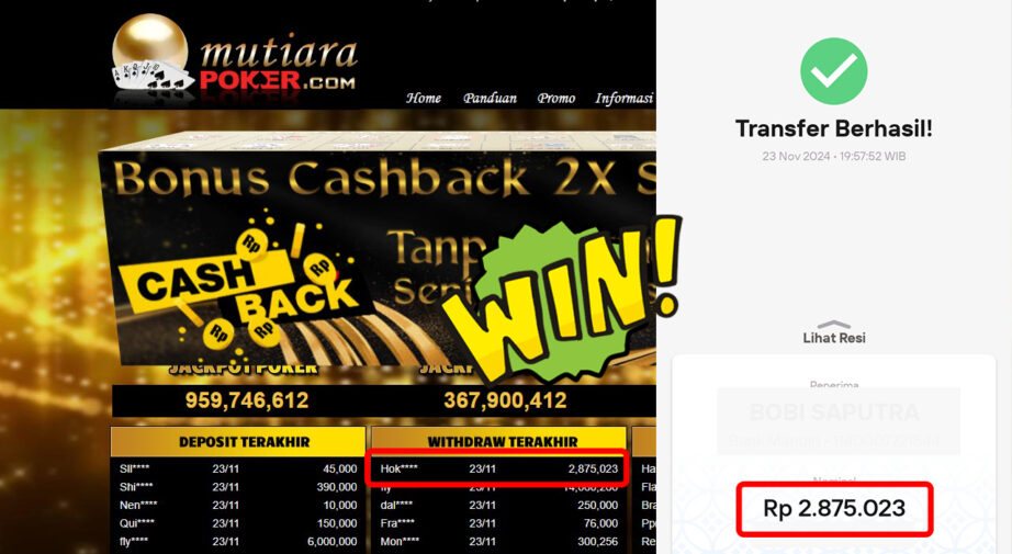 Bukti Withdraw ( 2,875,023,-) Member Setia Mutiarapoker