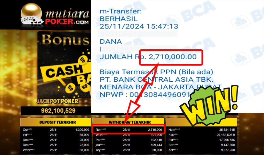 Bukti Withdraw ( 2,710,000,-) Member Setia Mutiarapoker