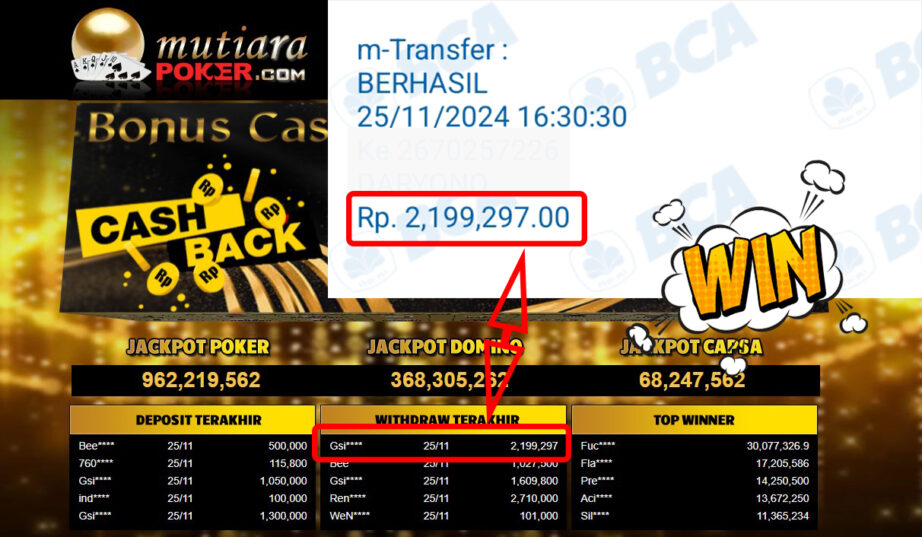 Bukti Withdraw ( 2,199,297,-) Member Setia Mutiarapoker