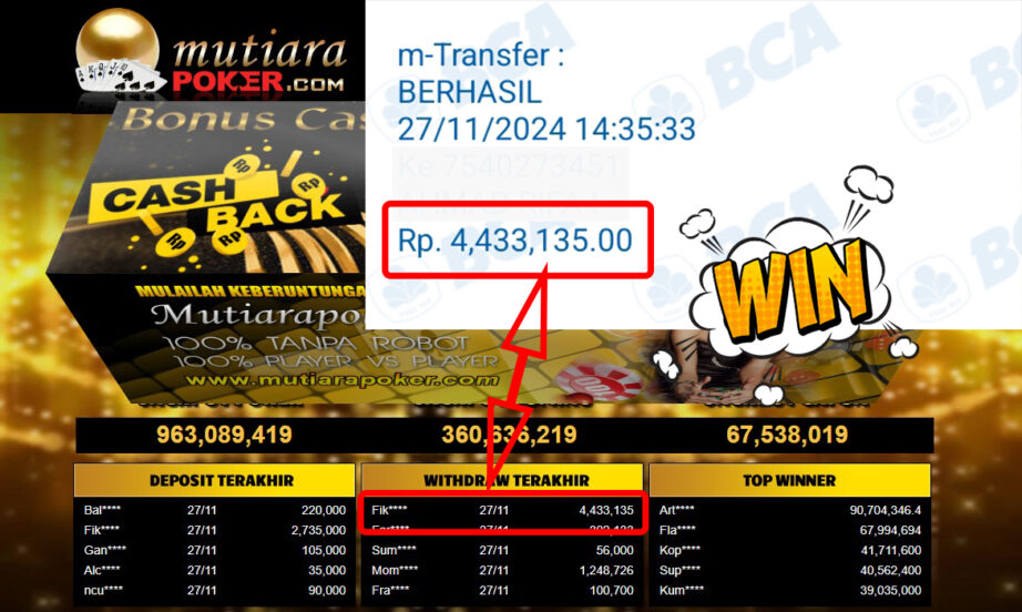 Bukti Withdraw ( 4,433,135,-) Member Setia Mutiarapoker