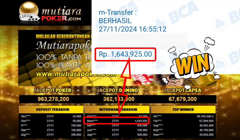 Bukti Withdraw ( 1,643,925,-) Member Setia Mutiarapoker