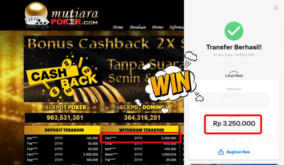 Bukti Withdraw ( 3,250,000,-) Member Setia Mutiarapoker