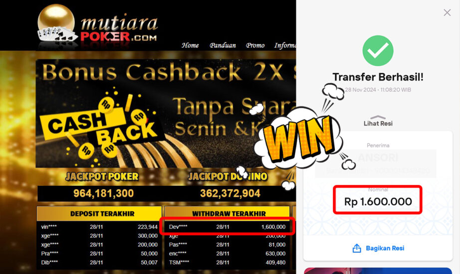 Bukti Withdraw ( 1,600,000,-) Member Setia Mutiarapoker