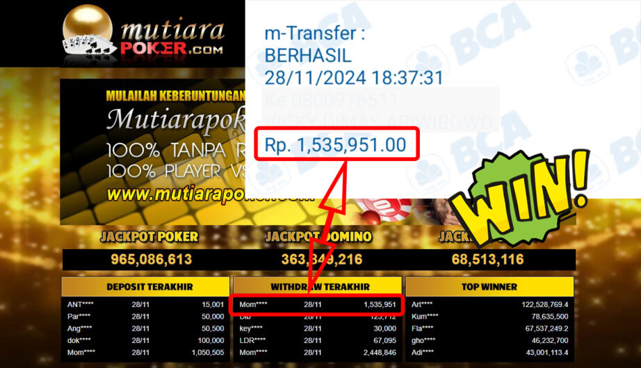 Bukti Withdraw ( 1,535,951,-) Member Setia Mutiarapoker