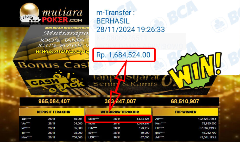 Bukti Withdraw ( 1,684,524,-) Member Setia Mutiarapoker