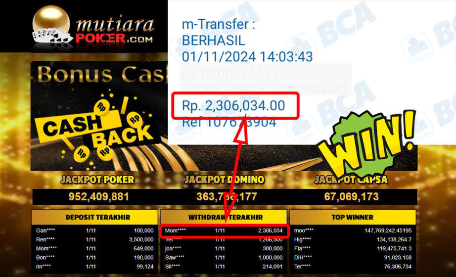 Bukti Withdraw ( 2,306,034,-) Member Setia Mutiarapoker