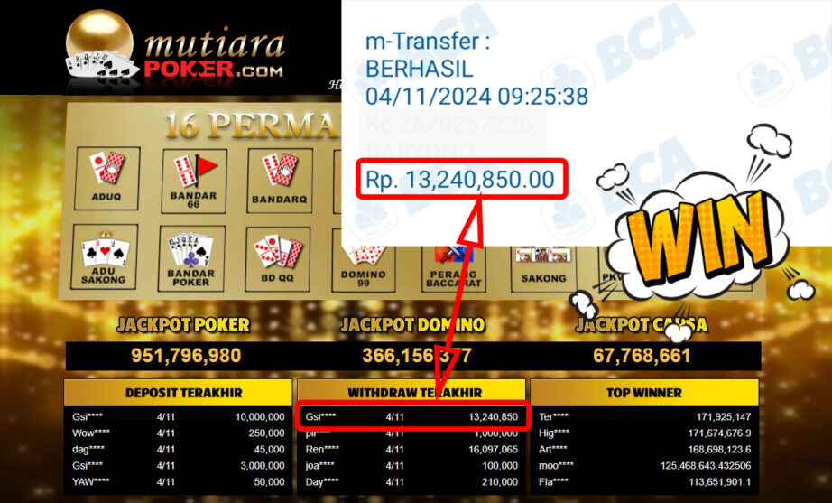 Bukti Withdraw ( 13,240,850,-) Member Setia Mutiarapoker