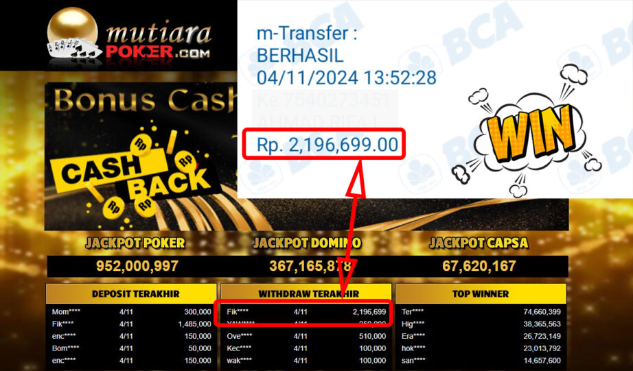 Bukti Withdraw ( 2,196,699,-) Member Setia Mutiarapoker