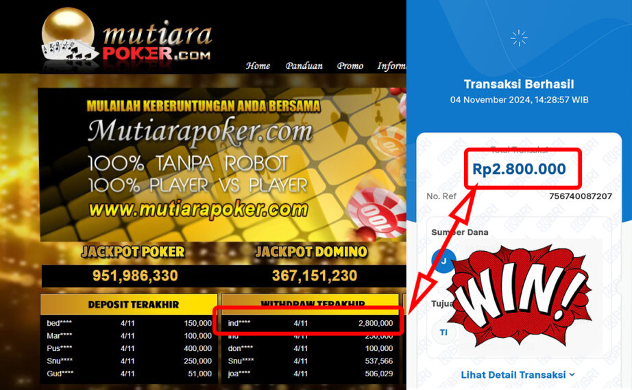 Bukti Withdraw ( 2,800,000,-) Member Setia Mutiarapoker