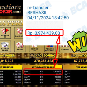 Bukti Withdraw ( 3,974,439,-) Member Setia Mutiarapoker