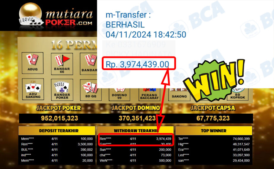 Bukti Withdraw ( 3,974,439,-) Member Setia Mutiarapoker