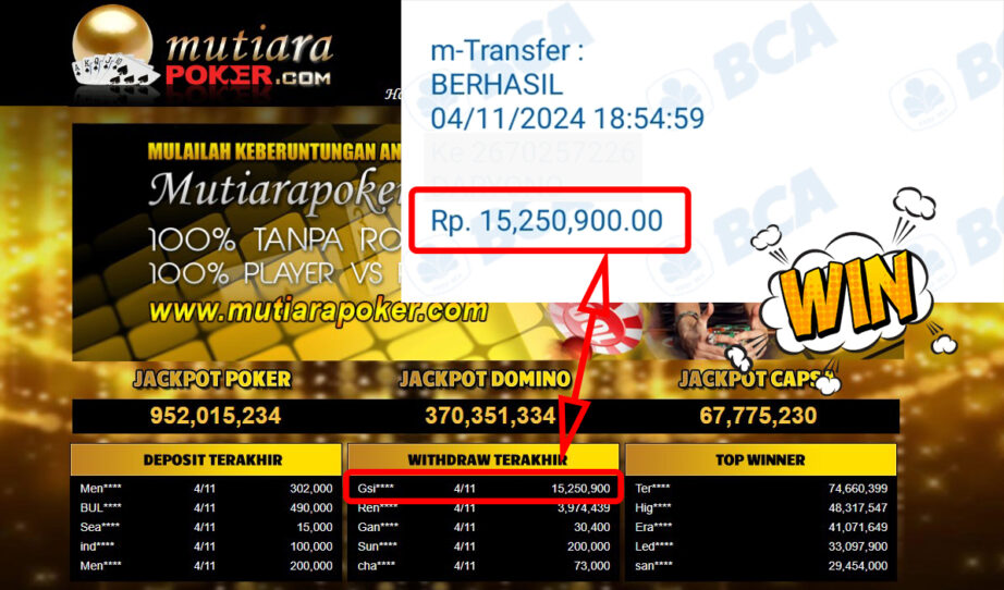 Bukti Withdraw ( 15,250,900,-) Member Setia Mutiarapoker