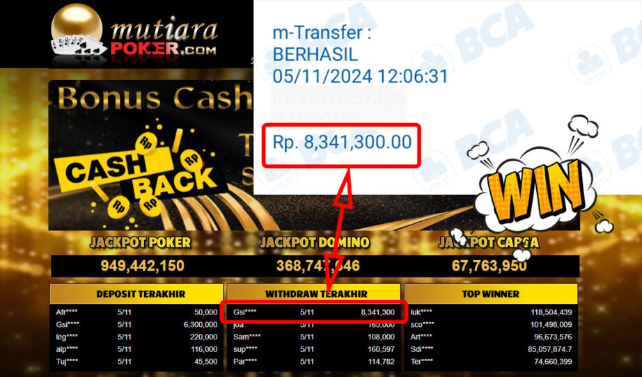 Bukti Withdraw ( 8,341,300,-) Member Setia Mutiarapoker