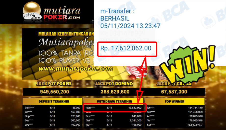 Bukti Withdraw ( 17,612,062,-) Member Setia Mutiarapoker