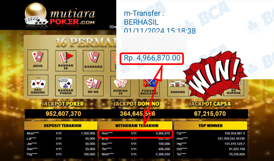 Bukti Withdraw ( 4,966,870,-) Member Setia Mutiarapoker