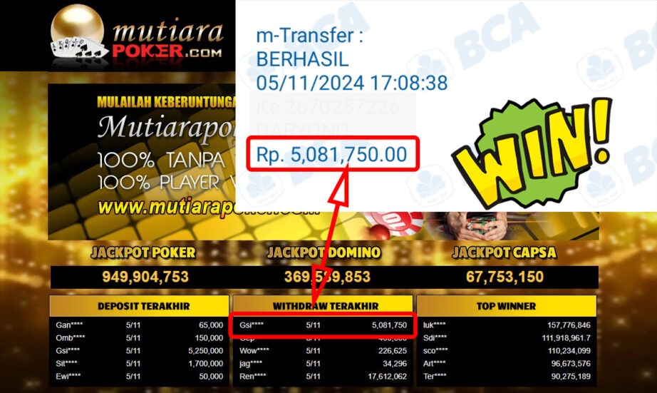 Bukti Withdraw ( 5,081,750,-) Member Setia Mutiarapoker