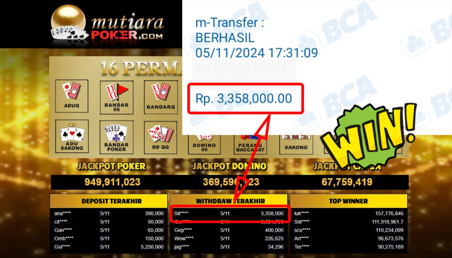 Bukti Withdraw ( 3,358,000,-) Member Setia Mutiarapoker