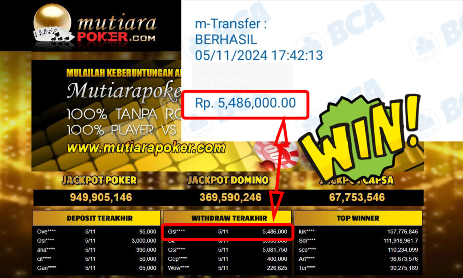 Bukti Withdraw ( 5,486,000,-) Member Setia Mutiarapoker