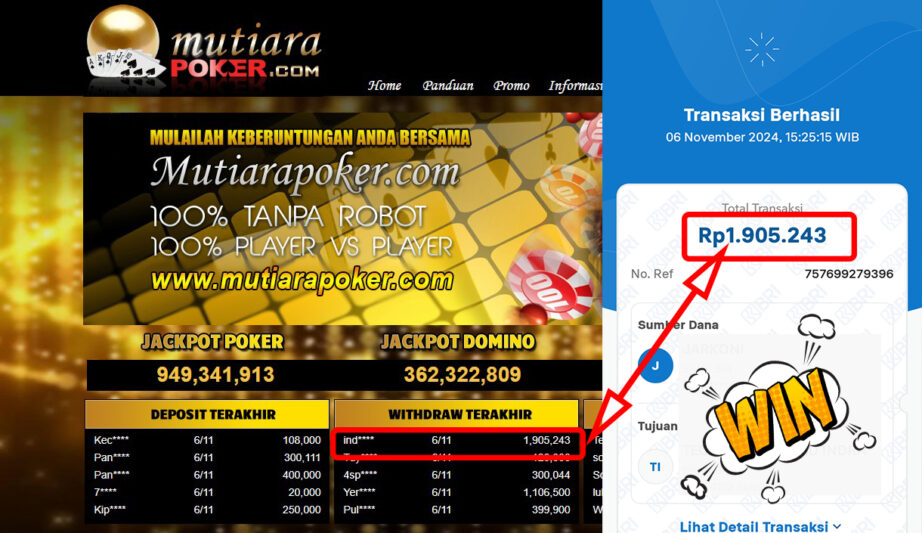 Bukti Withdraw ( 1,905,243,-) Member Setia Mutiarapoker