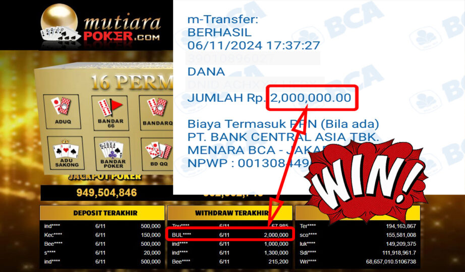 Bukti Withdraw ( 2,000,000,-) Member Setia Mutiarapoker