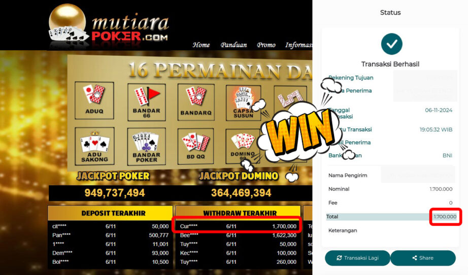 Bukti Withdraw ( 1,700,000,-) Member Setia Mutiarapoker