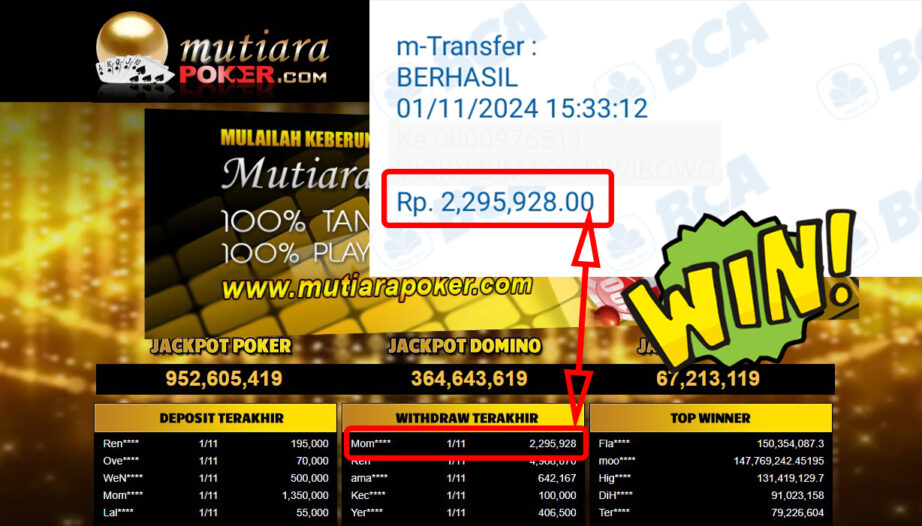 Bukti Withdraw ( 2,295,928,-) Member Setia Mutiarapoker