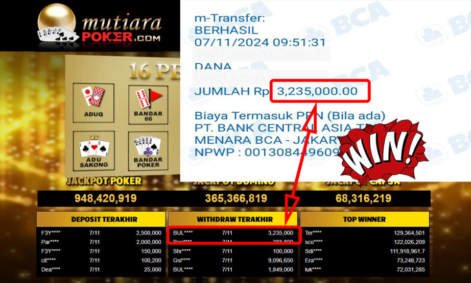 Bukti Withdraw ( 3,235,000,-) Member Setia Mutiarapoker