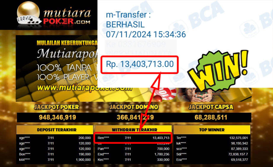 Bukti Withdraw ( 13,403,713,-) Member Setia Mutiarapoker