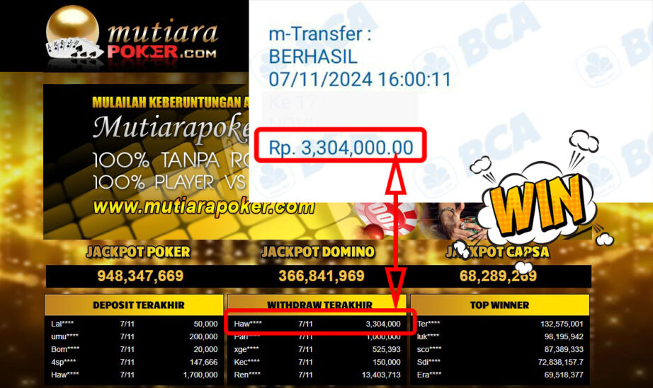 Bukti Withdraw ( 3,304,000,-) Member Setia Mutiarapoker