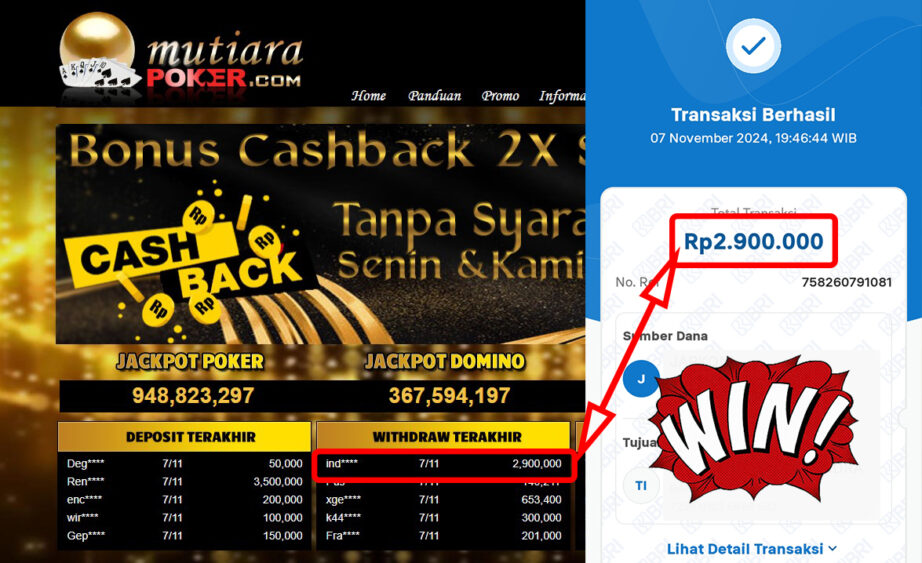 Bukti Withdraw ( 2,900,000,-) Member Setia Mutiarapoker