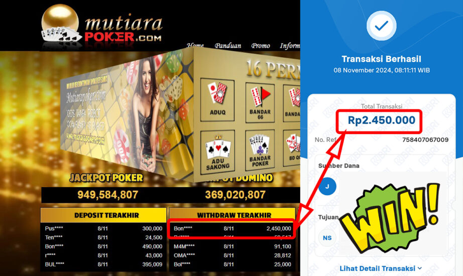 Bukti Withdraw ( 2,450,000,-) Member Setia Mutiarapoker