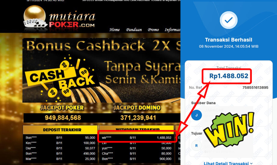 Bukti Withdraw ( 1,488,052,-) Member Setia Mutiarapoker