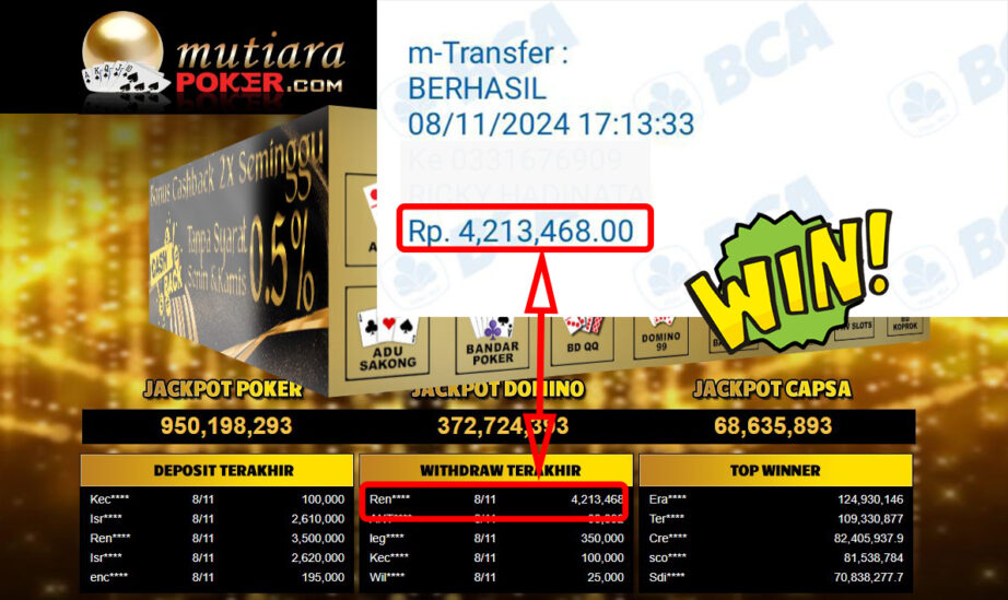 Bukti Withdraw ( 4,213,468,-) Member Setia Mutiarapoker